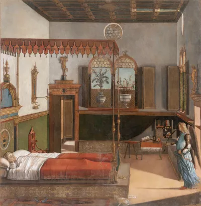 Ursula sleeps in a four-poster bed while an angel enters the room and foretells her imminent martyrdom.