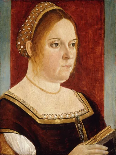 Portrait of a middle-aged woman with realistic facial features and a book.