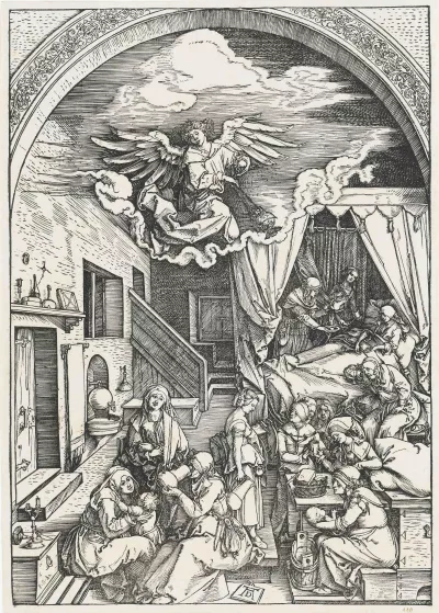 View into a room: Anna is lying on a bed, exhausted from giving birth. A number of women are engaged in various activities, and an angel hovers on the ceiling.