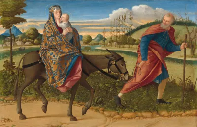 Maria und das Jesuskind sitzen auf einem Esel, den Josef an einem Strick durch eine Landschaft führt.