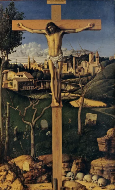 Jesus is nailed to a cross, the lengthwise beam of which occupies almost the entire height of the painting, dividing it into two halves. In the background is a hilly landscape with a view of the city.