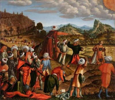 A group of men pick up stones and throw them at the kneeling Stephen. In the background, on the left, a town rises against a mountainous landscape.