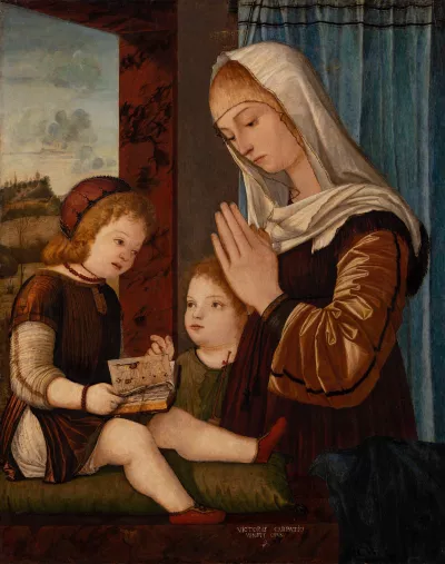 The small panel shows the praying Mary, the approximately six-year-old Jesus and the slightly older John in a room with a window-like opening.