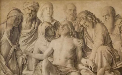 Mary, the dead Jesus and John, surrounded by five other people, are depicted in shades of grey against a neutral, yellow-brown background.