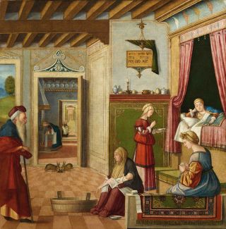 In a room with a beamed ceiling, Mary's mother Anna lies in a spacious alcove bed while a nurse gives the newborn Mary a bath.