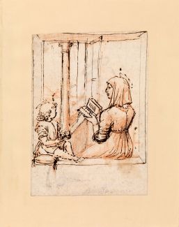 Mary is sitting on a windowsill reading a book. The baby Jesus is sitting on a cushion next to her, looking at the book.