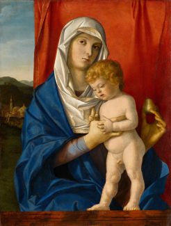 Mary is seated behind a low balustrade, holding the naked infant Jesus, who is standing on the balustrade.