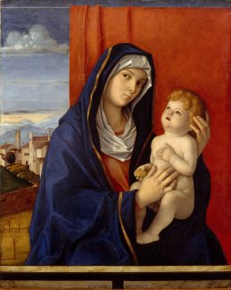 Mary is seated behind a low parapet, holding the naked baby Jesus in her arms.