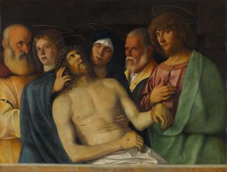 The dead Christ, taken down from the cross, is supported and mourned by Mary, John and other faithful.